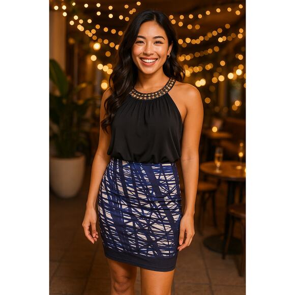 Thalia Sodi Sequin Cocktail Mini Dress Rhinestone Halter Black Blue Party Glam - Picture 1 of 11